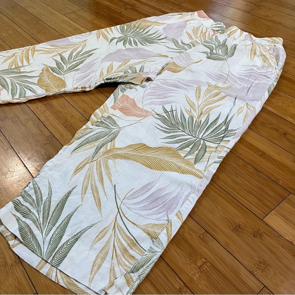 Tahari 100% Linen Tropical Leaf Print Pastel Wide Leg Crop Casual Pants - Picture 3 of 10
